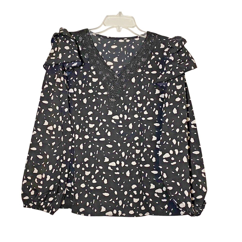 SHEWIN Womens Dalmatian Print V-Neck Ruffle Blouse‎ Black White Size M New